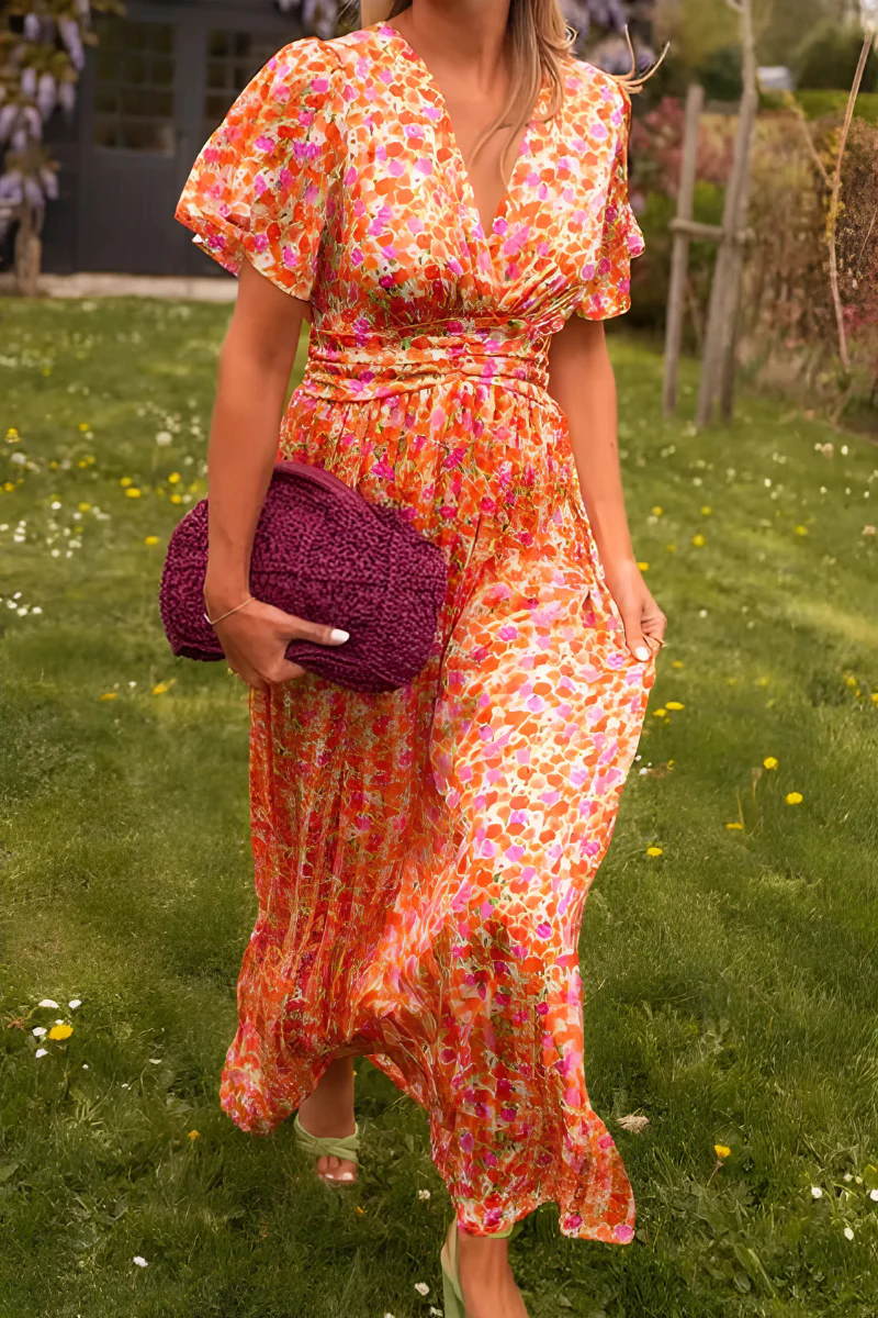 Women's Floral Wrap Maxi Dress with V-Neck and Flutter Sleeves - Maisie London