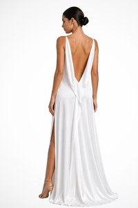 Women's Satin Cowl Neck Maxi Dress with Side Split and Open Back - Maisie London
