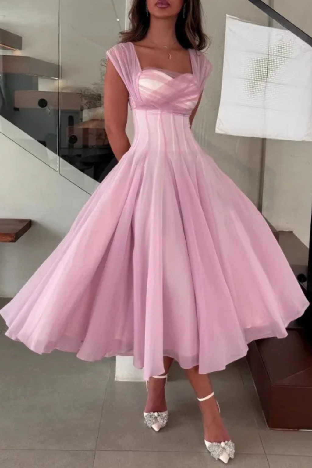 Women's Tulle A-Line Midi Dress with Sweetheart Neck and Cap Sleeves - Maisie London