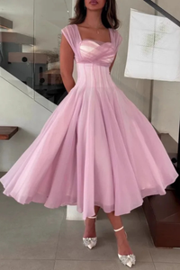 Women's Tulle A-Line Midi Dress with Sweetheart Neck and Cap Sleeves - Maisie London