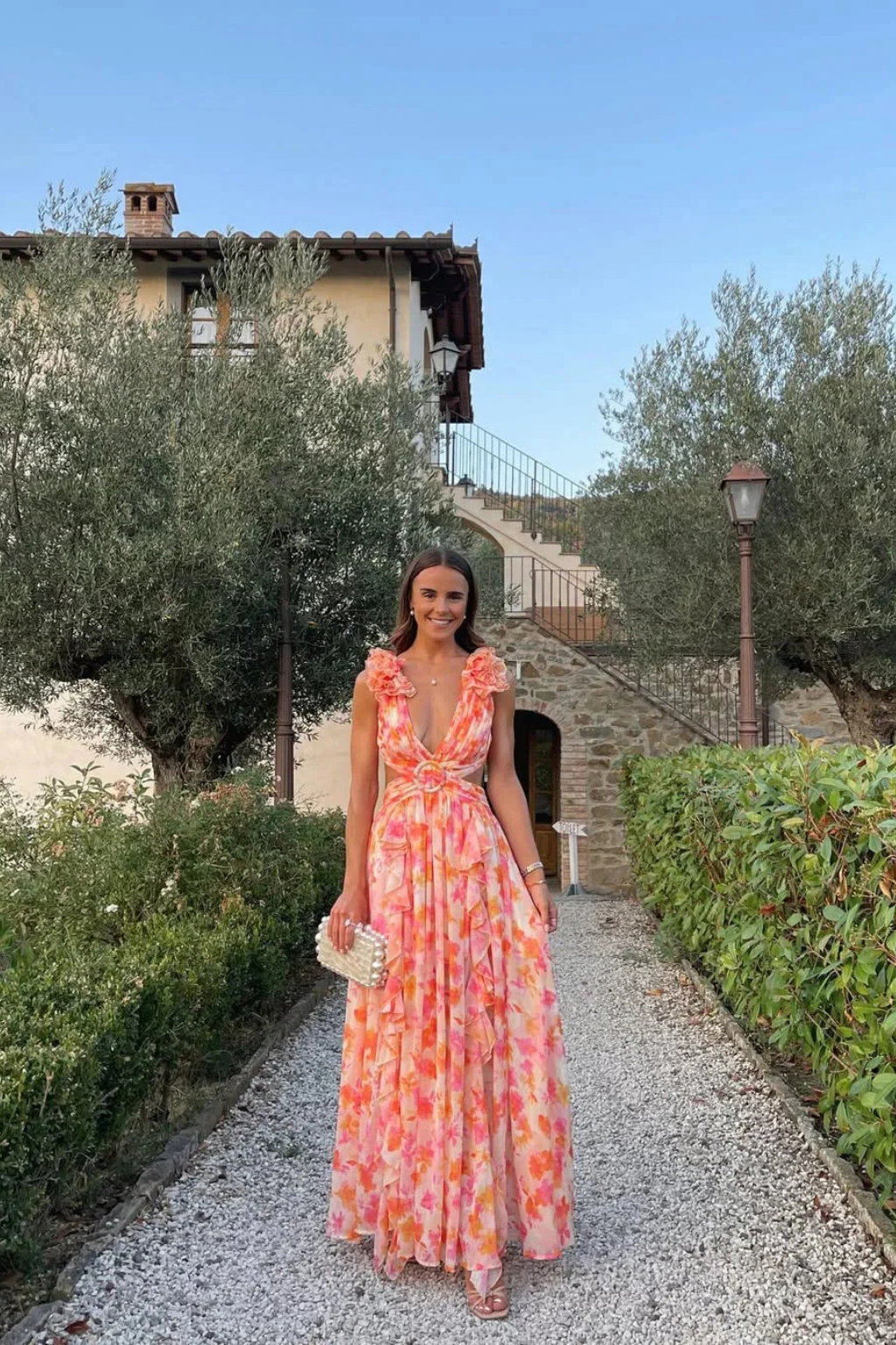 Women's Floral Chiffon Maxi Dress with Ruffle Sleeves and V-Neck - Maisie London