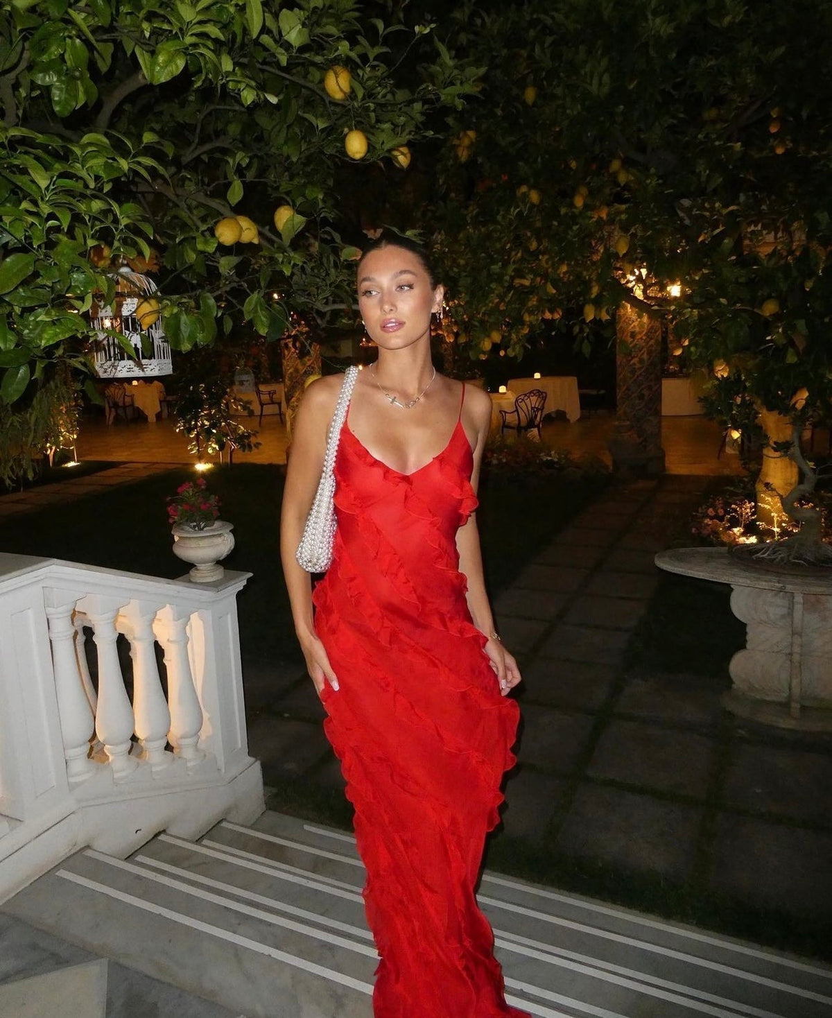 Women's Chiffon Ruffle Maxi Dress with V-Neck and Front Split - Maisie London