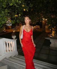 Women's Chiffon Ruffle Maxi Dress with V-Neck and Front Split - Maisie London