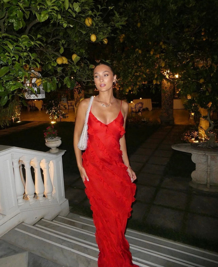 Women's Chiffon Ruffle Maxi Dress with V-Neck and Front Split - Maisie London