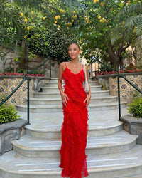 Women's Chiffon Ruffle Maxi Dress with V-Neck and Front Split - Maisie London