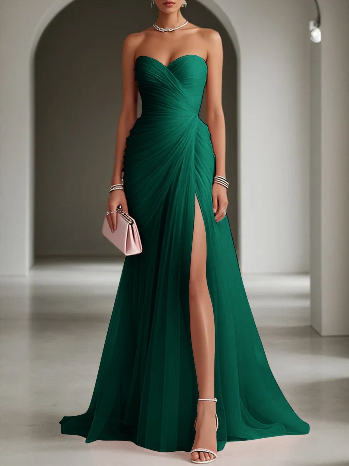 Women's Tulle One-Shoulder Pleated Maxi Dress with Front Split - Maisie London