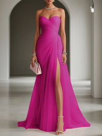 Women's Tulle One-Shoulder Pleated Maxi Dress with Front Split - Maisie London