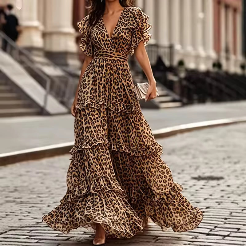 Women's Chiffon Tiered Maxi Dress with Flutter Sleeves and V-Neck - Maisie London