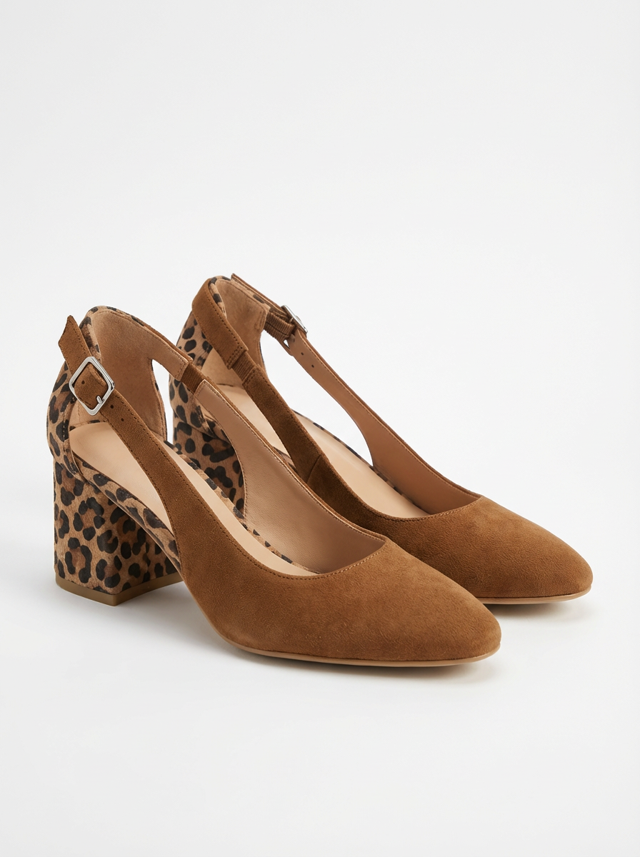 Women's Light Brown Faux Suede Slingback Block Heels with Buckle - Maisie London