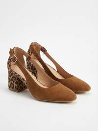 Women's Light Brown Faux Suede Slingback Block Heels with Buckle - Maisie London