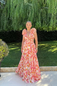 Women's Floral Chiffon Maxi Dress with Ruffle Sleeves and V-Neck - Maisie London
