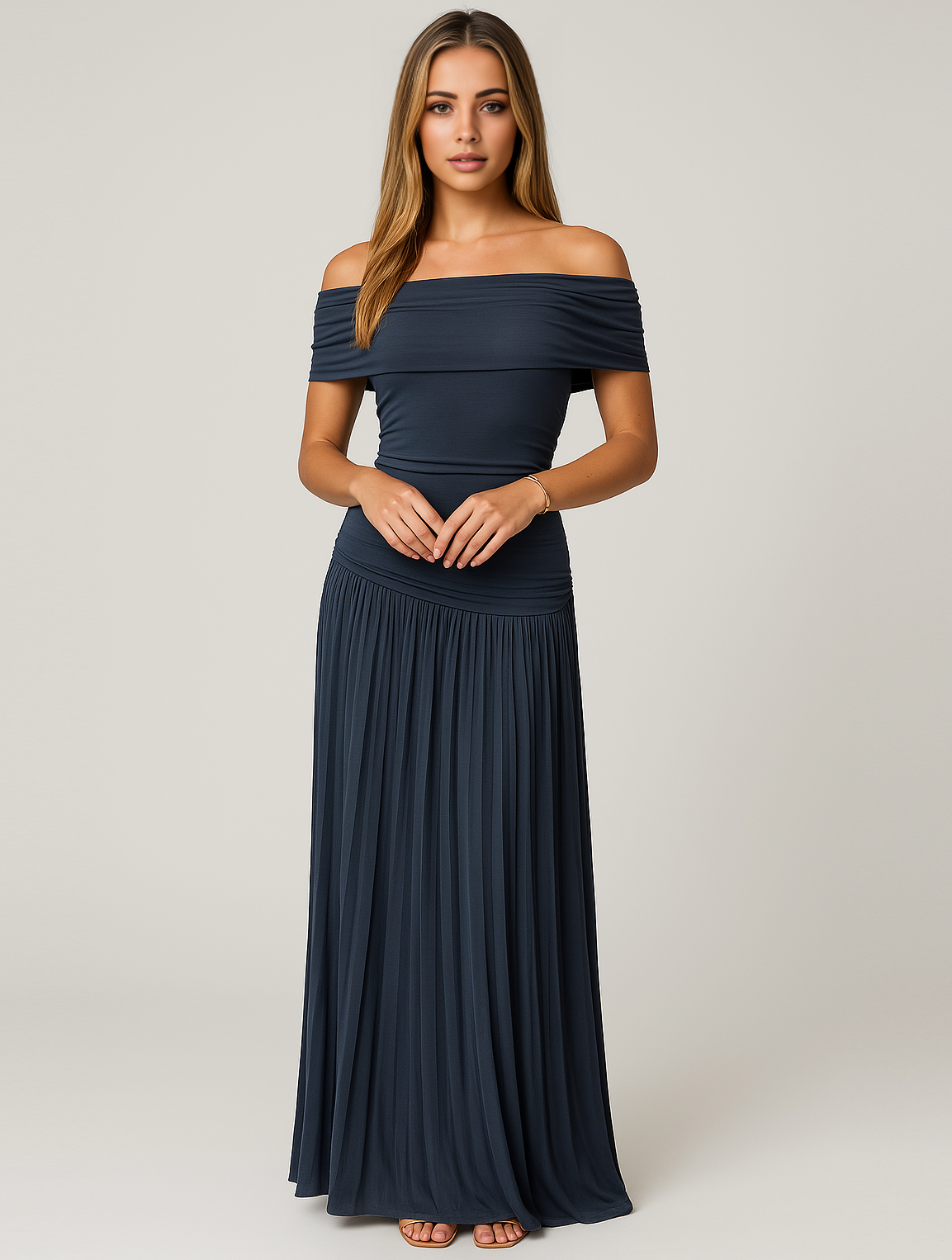 Women's Off-Shoulder Pleated Maxi Dress with Fitted Jersey Bodice - Maisie London