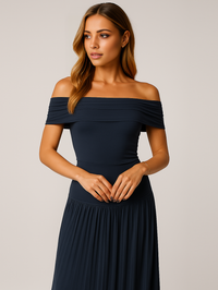 Women's Off-Shoulder Pleated Maxi Dress with Fitted Jersey Bodice - Maisie London