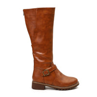 Women's Faux Leather Knee-High Boots with Buckle Strap and Block Heel - Maisie London