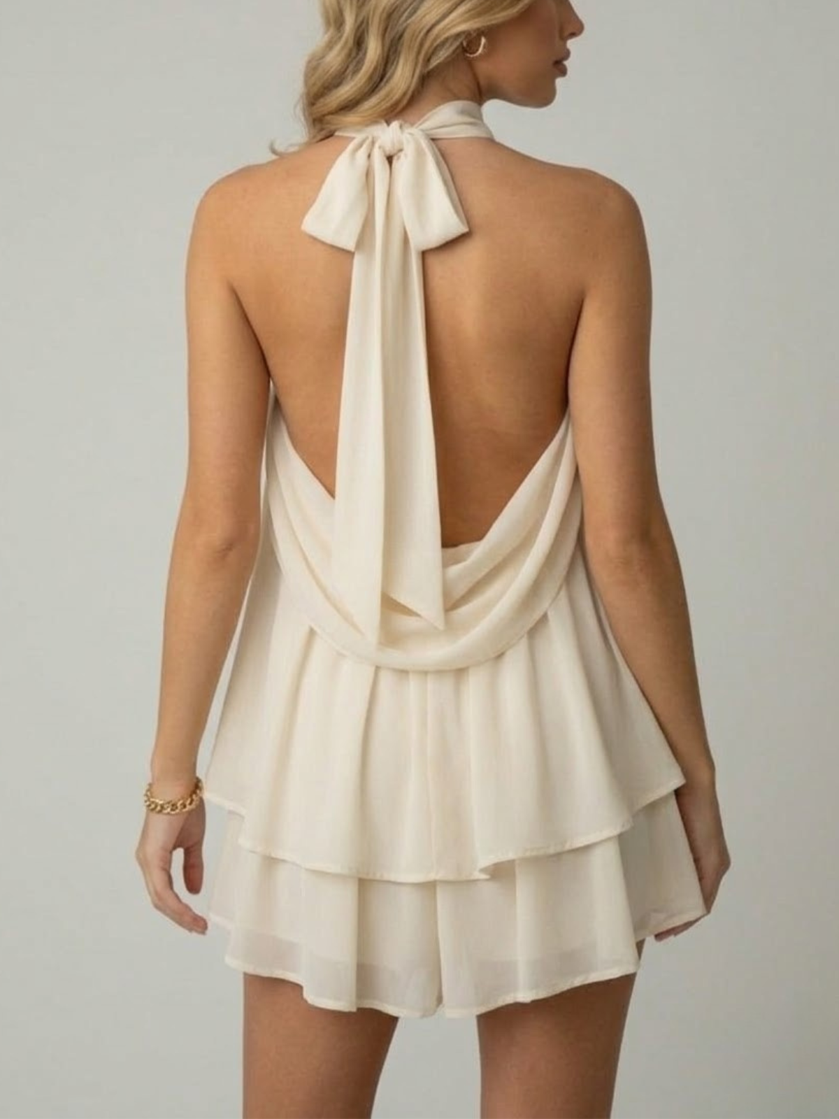 Women's Chiffon A-Line Mini Dress with Halterneck and Tiered Hem - Maisie London