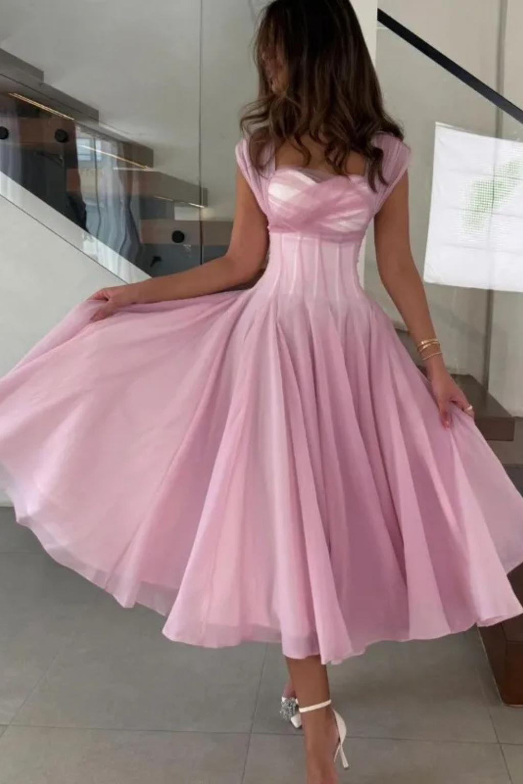 Women's Tulle A-Line Midi Dress with Sweetheart Neck and Cap Sleeves - Maisie London