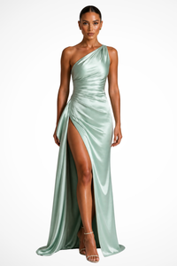Women's Satin One-Shoulder Maxi Dress with Side Split and Ruching - Maisie London