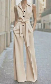 Women's Sleeveless Wide-Leg Jumpsuit with Collar and Tie Waist - Maisie London