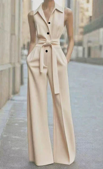 Women's Sleeveless Wide-Leg Jumpsuit with Collar and Tie Waist - Maisie London