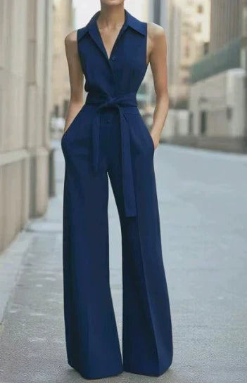 Women's Sleeveless Wide-Leg Jumpsuit with Collar and Tie Waist - Maisie London