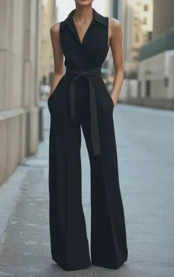 Women's Sleeveless Wide-Leg Jumpsuit with Collar and Tie Waist - Maisie London