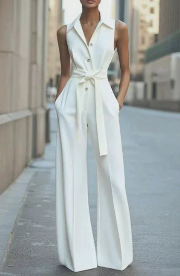 Women's Sleeveless Wide-Leg Jumpsuit with Collar and Tie Waist - Maisie London