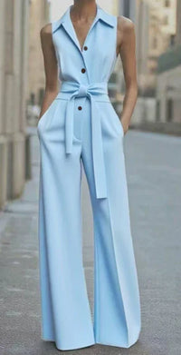 Women's Sleeveless Wide-Leg Jumpsuit with Collar and Tie Waist - Maisie London