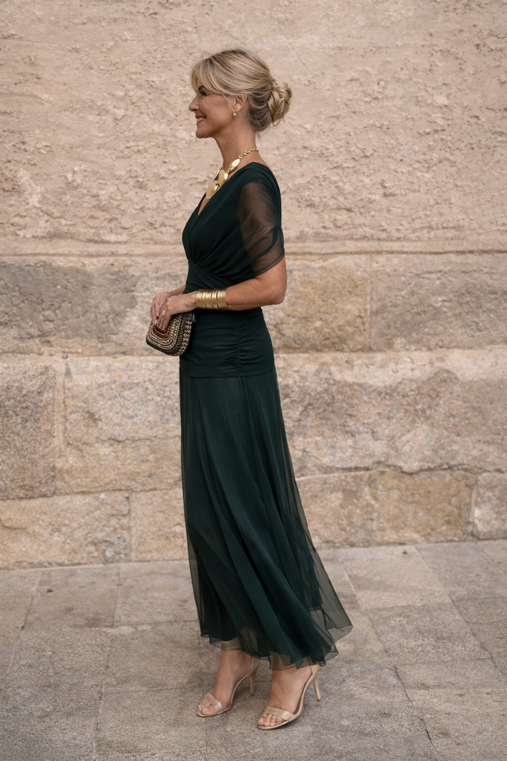 Women's Chiffon Maxi Dress with Wrap V-Neck and Ruched Waist - Maisie London