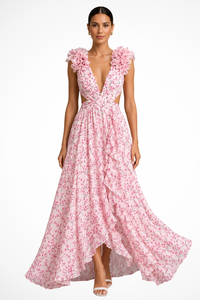 Women's Floral Chiffon Maxi Dress with Ruffle Sleeves and V-Neck - Maisie London