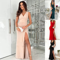 Women's Sleeveless V-Neck Maxi Dress with Thigh Split and Ruched Hip - Maisie London