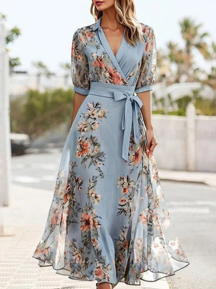 Women's Blue Floral Wrap Maxi Dress with Tie Waist and Puff Sleeves - Maisie London