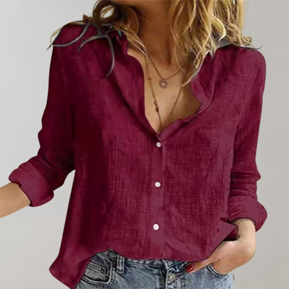 Women's Linen-Look Relaxed Shirt with Button-Front and Curved Hem - Maisie London