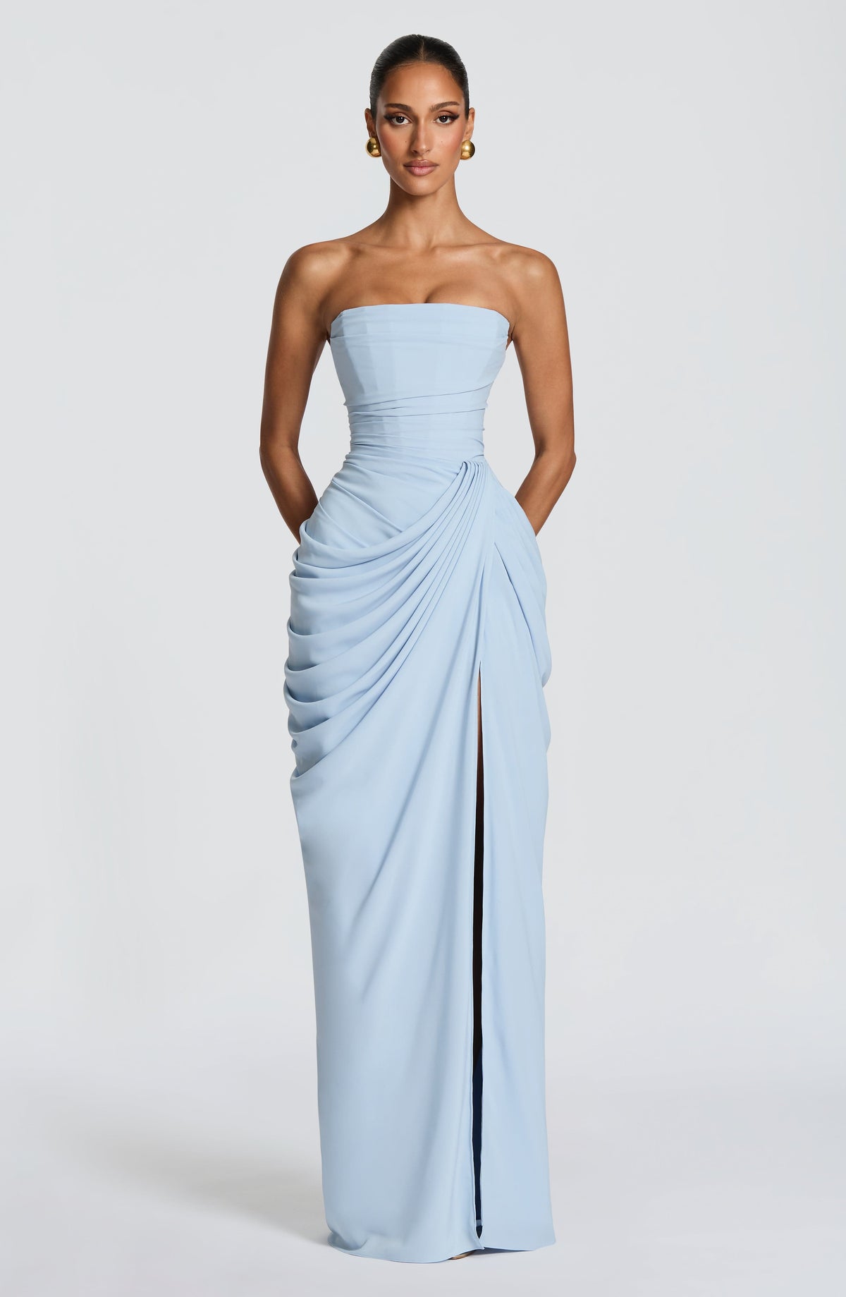 Women's Strapless Draped Maxi Dress with Ruched Waist and Split - Maisie London