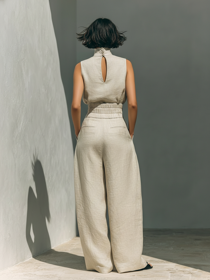 Women's Linen-Look Wide-Leg Trouser Co-ord Set with Roll Neck Top - Maisie London