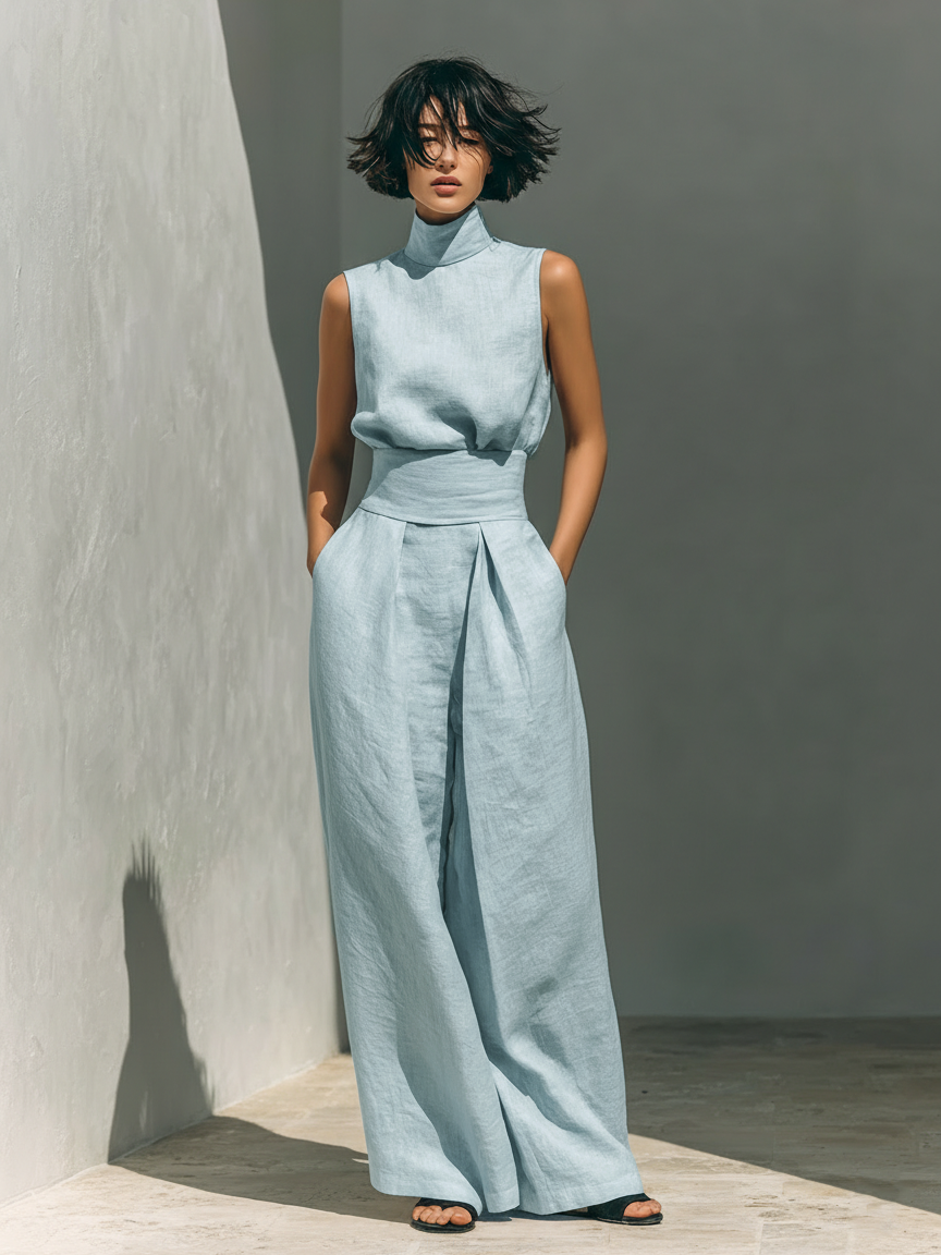Women's Linen-Look Wide-Leg Trouser Co-ord Set with Roll Neck Top - Maisie London