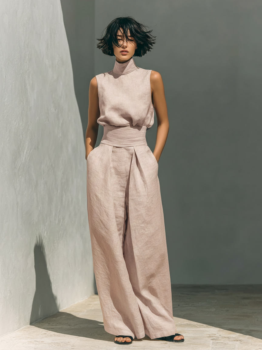 Women's Linen-Look Wide-Leg Trouser Co-ord Set with Roll Neck Top - Maisie London