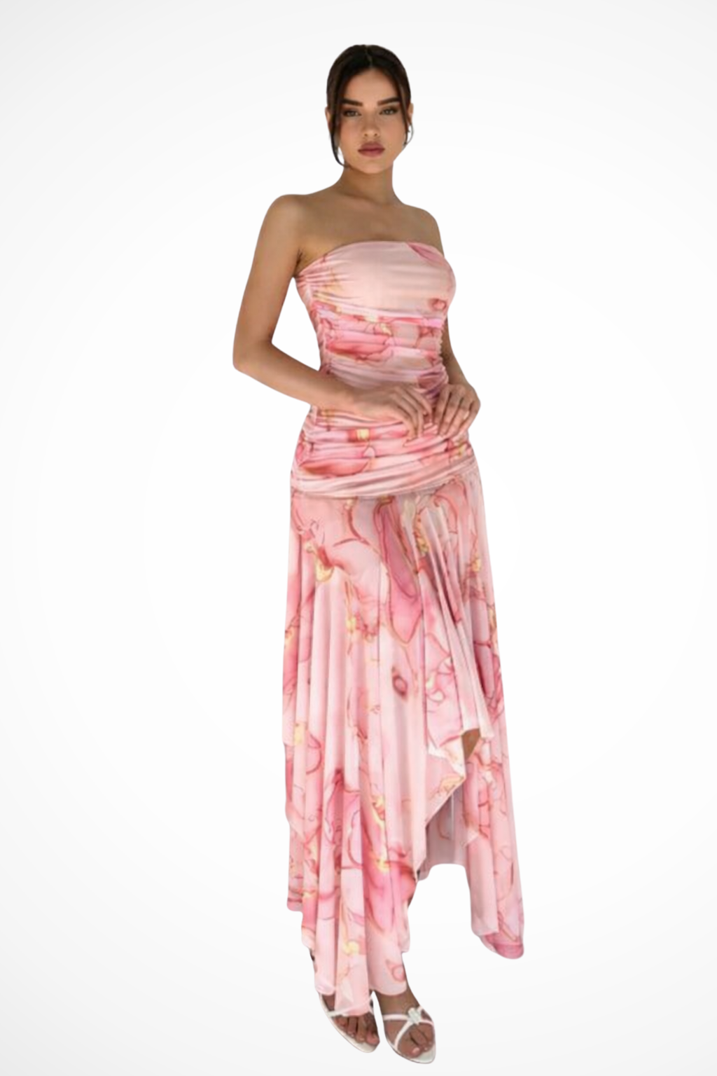 Women's Pink Floral Strapless Maxi Dress with Ruched Asymmetric Hem - Maisie London