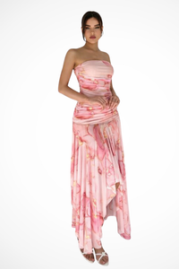 Women's Pink Floral Strapless Maxi Dress with Ruched Asymmetric Hem - Maisie London