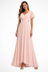 Women's Chiffon Maxi Dress with Flutter Sleeves and V-Neck - Maisie London