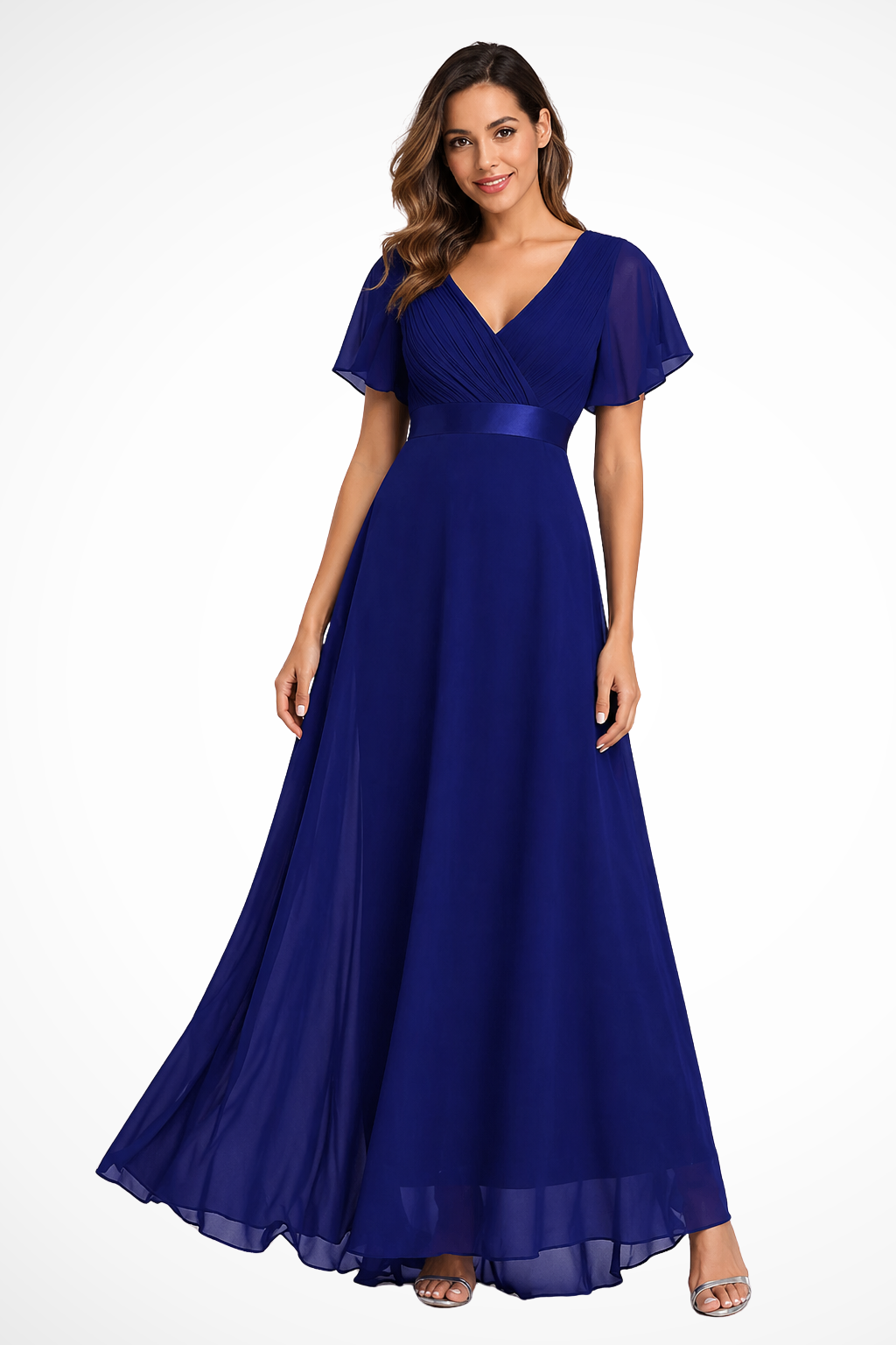 Women's Chiffon Maxi Dress with Flutter Sleeves and V-Neck - Maisie London