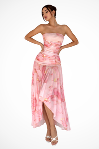 Women's Pink Floral Strapless Maxi Dress with Ruched Asymmetric Hem - Maisie London