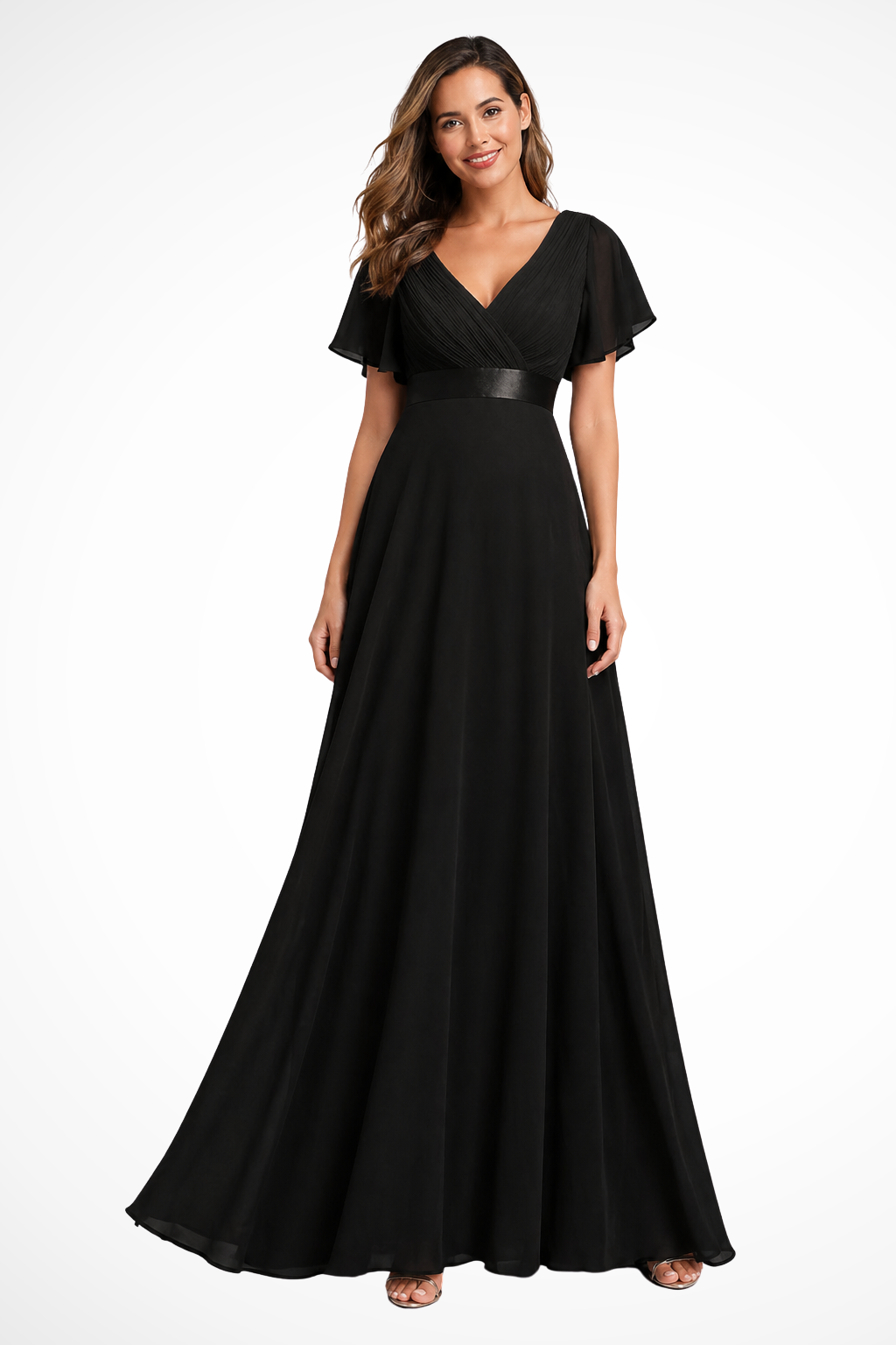 Women's Chiffon Maxi Dress with Flutter Sleeves and V-Neck - Maisie London
