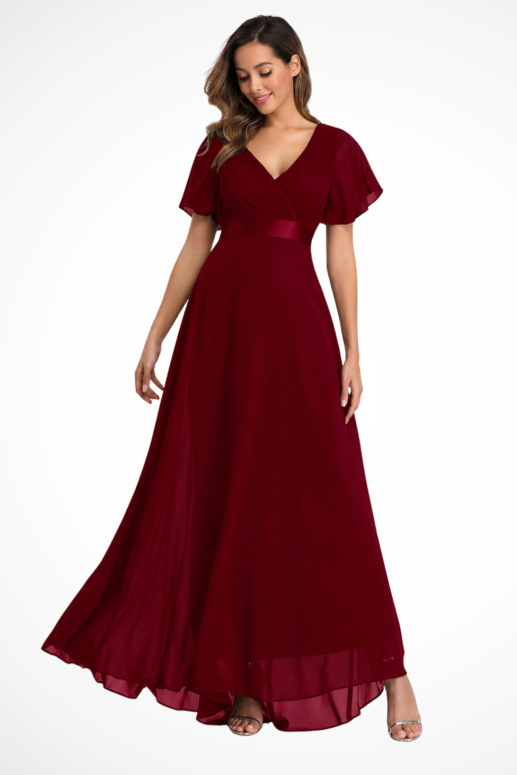 Women's Chiffon Maxi Dress with Flutter Sleeves and V-Neck - Maisie London