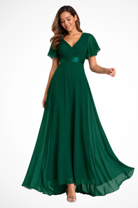 Women's Chiffon Maxi Dress with Flutter Sleeves and V-Neck - Maisie London