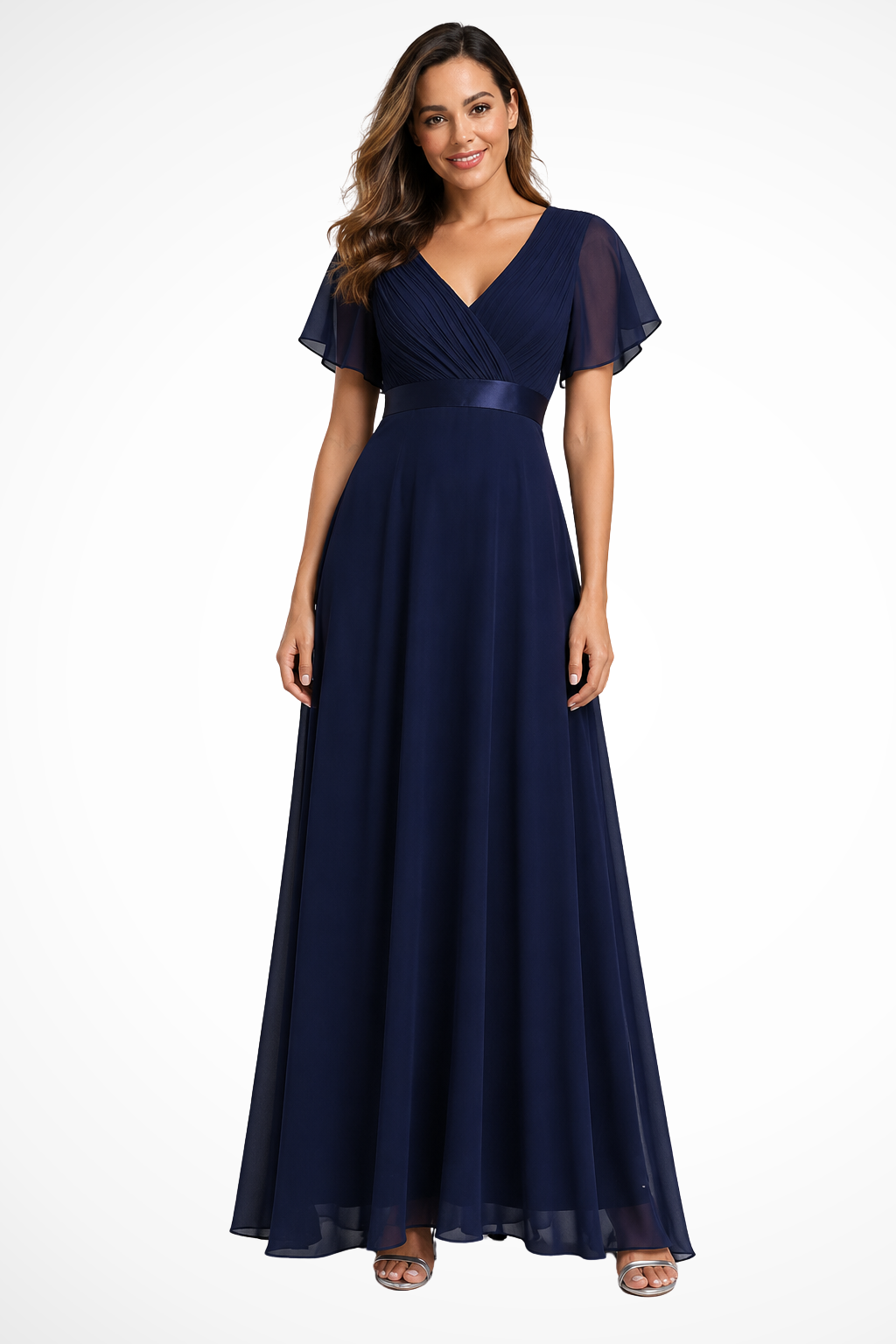 Women's Chiffon Maxi Dress with Flutter Sleeves and V-Neck - Maisie London
