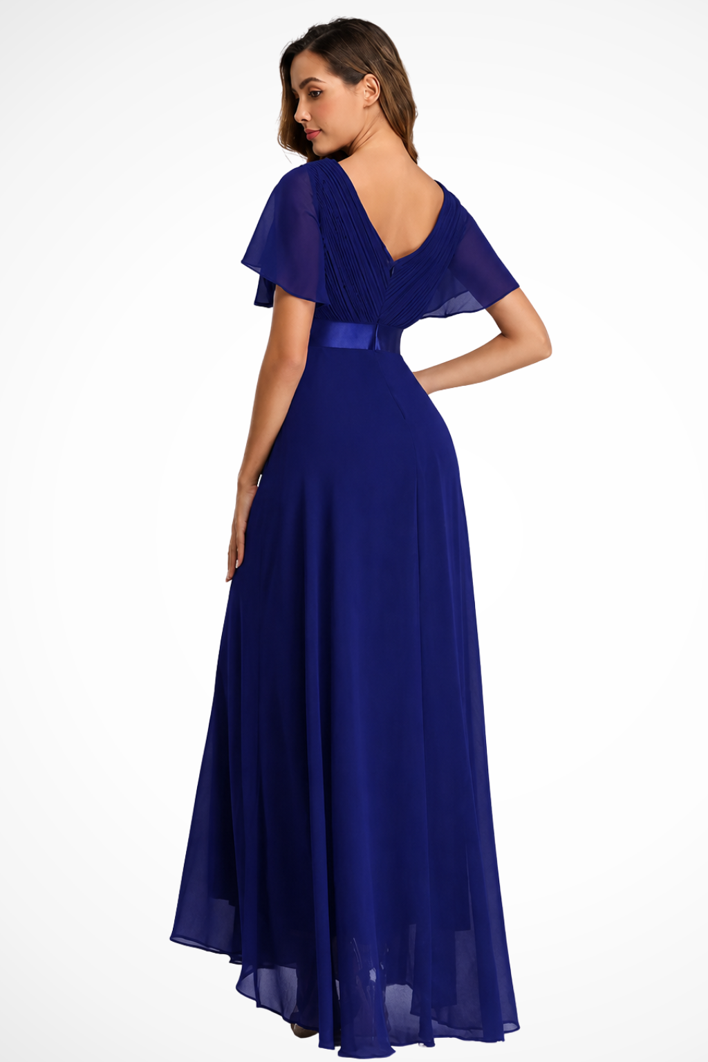 Women's Chiffon Maxi Dress with Flutter Sleeves and V-Neck - Maisie London