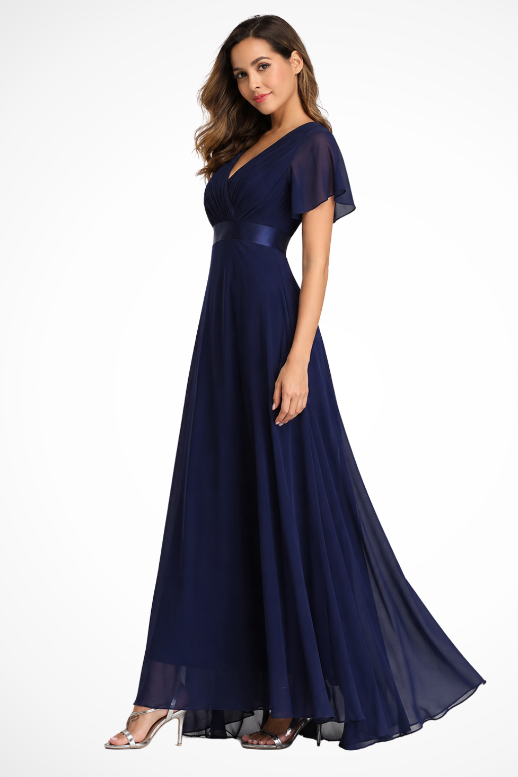 Women's Chiffon Maxi Dress with Flutter Sleeves and V-Neck - Maisie London