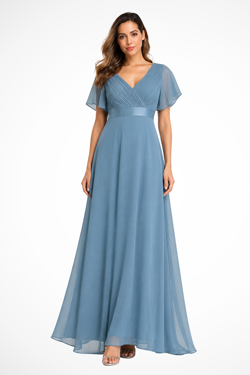 Women's Chiffon Maxi Dress with Flutter Sleeves and V-Neck - Maisie London