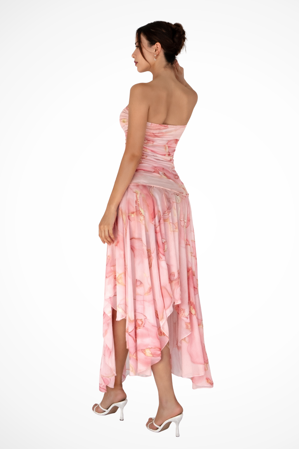 Women's Pink Floral Strapless Maxi Dress with Ruched Asymmetric Hem - Maisie London