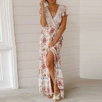 Women's Floral Wrap Maxi Dress with Flutter Sleeves and V-Neck - Maisie London